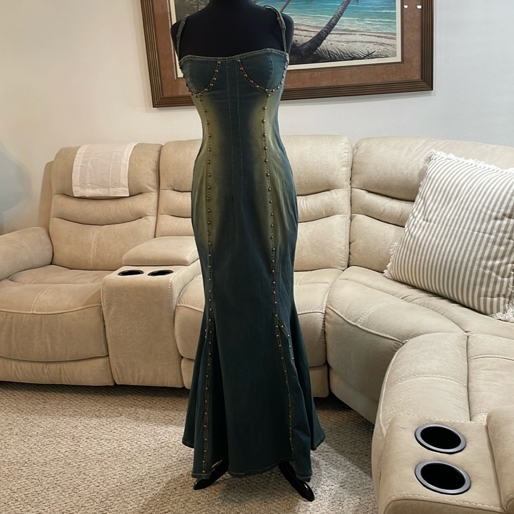 DARK BLUE DISTRESSED DENIM CORSET SPAGHETTI STRAP MERMAID DRESS.